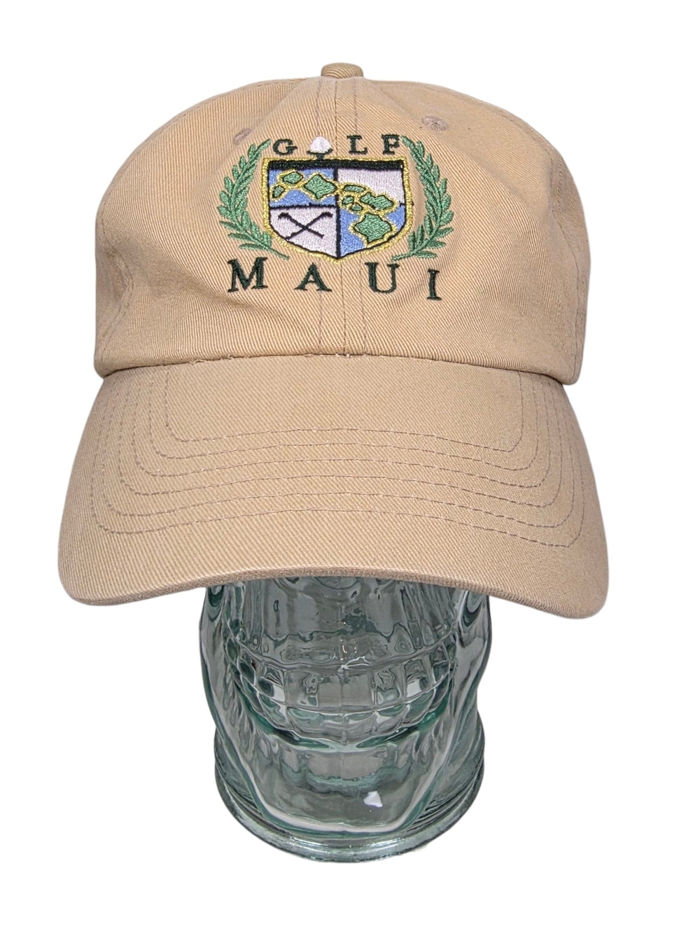 Vintage Golf Maui Hat Cap Beige Strapback Hawaiian Headwear Embroidered Crest